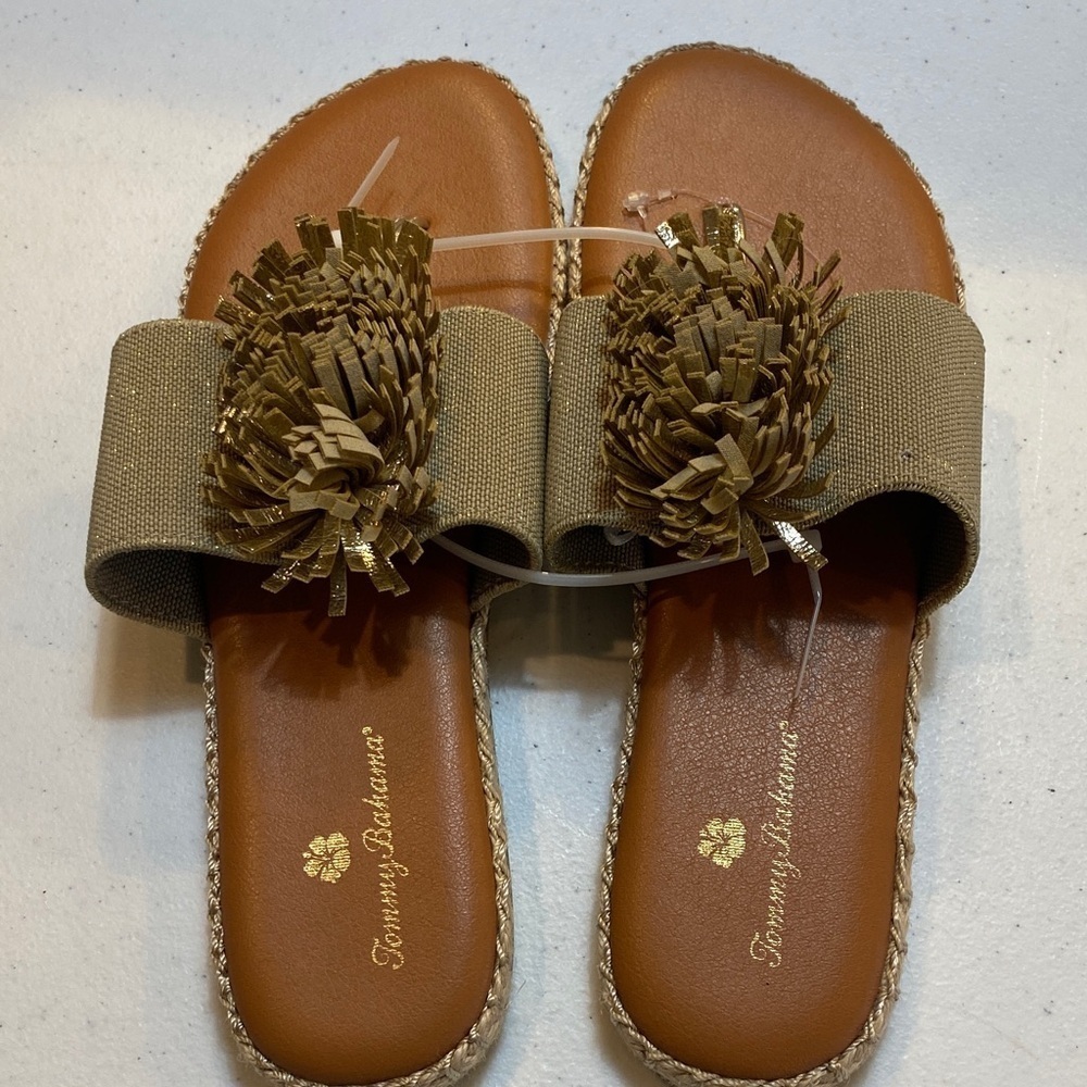 Tommy Bahama Tan and Brown Slide Sandals